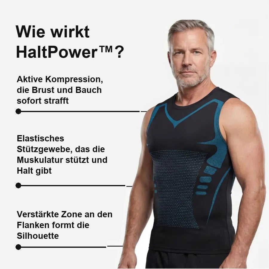 So wirkt das HaltPower Kompressionsshirt: Kompression an Brust und Bauch, Stützgewebe, verstärkte Flanken