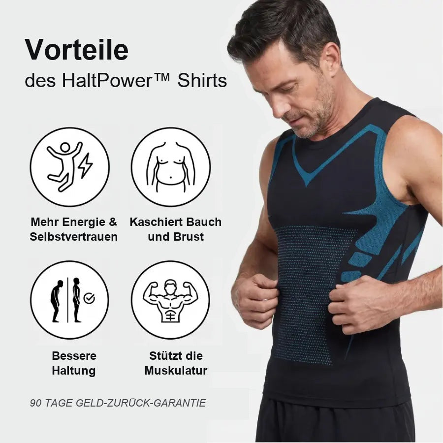 Vorteile des HaltPower Shirts: mehr Energie, kaschierter Bauch, bessere Haltung, gestützte Muskulatur