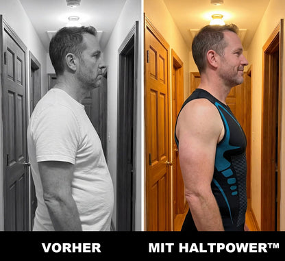 Vorher und nachher im Flur: aufrechtere Haltung mit dem HaltPower Kompressionsshirt
