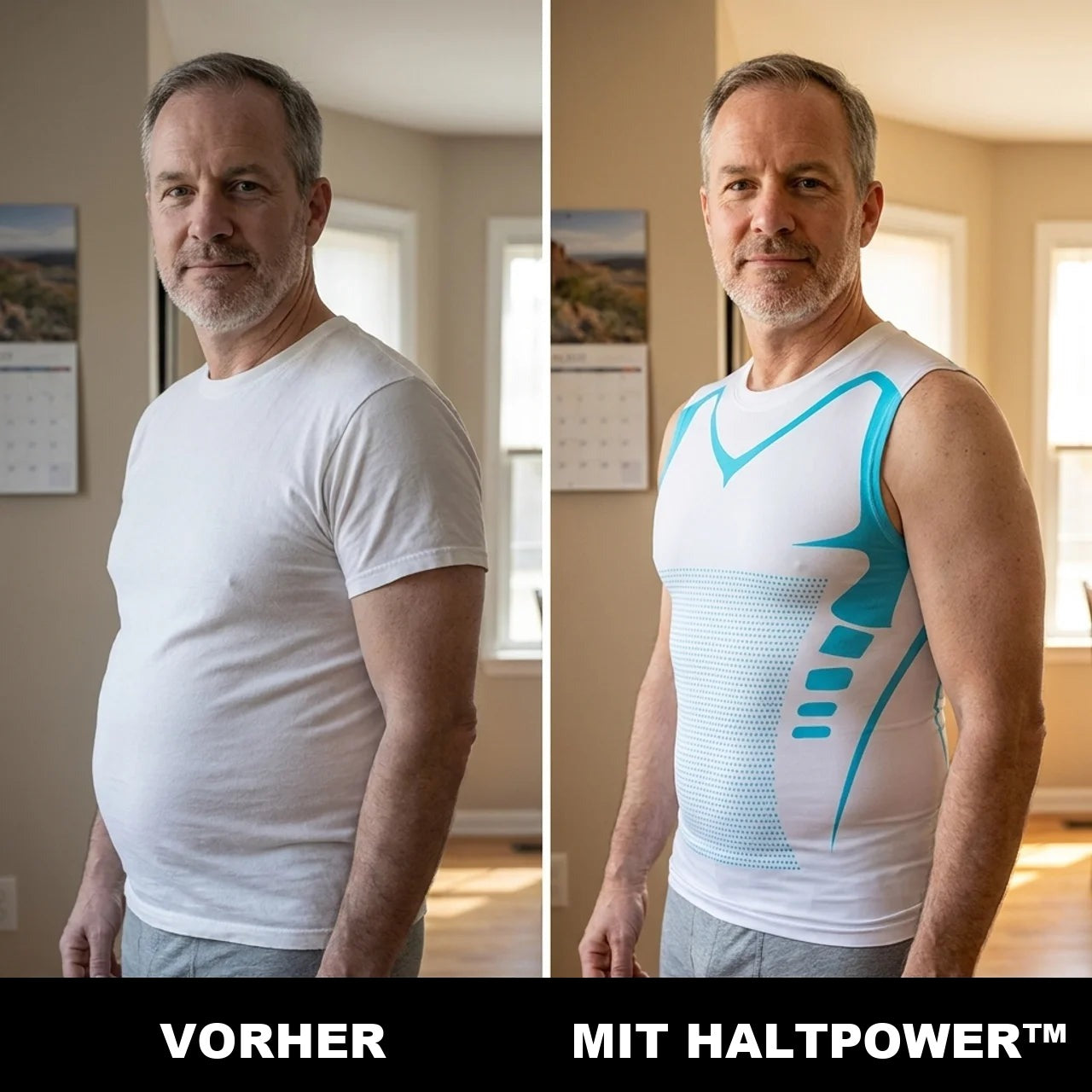 Vorher und nachher im Wohnzimmer: flacherer Bauch mit dem HaltPower Kompressionsshirt