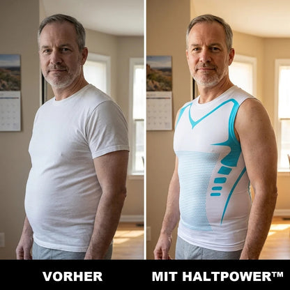 Vorher und nachher im Wohnzimmer: flacherer Bauch mit dem HaltPower Kompressionsshirt
