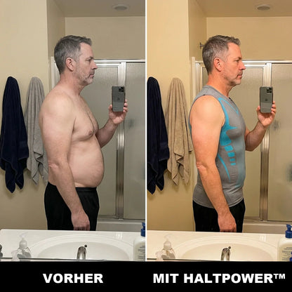 Vorher und nachher vor dem Spiegel: straffere Silhouette mit dem HaltPower Kompressionsshirt