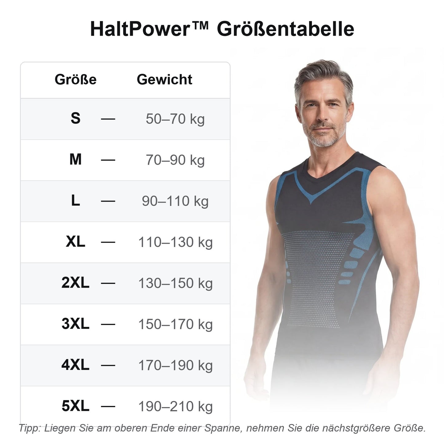 HaltPower Größentabelle von S bis 5XL nach Körpergewicht in Kilogramm