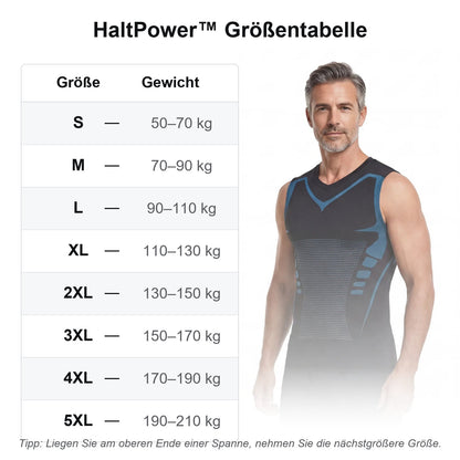 HaltPower Größentabelle von S bis 5XL nach Körpergewicht in Kilogramm